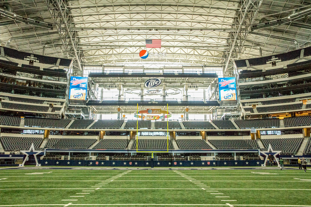 View of the turf field and stands at AT&T stadium in Dallas, TX